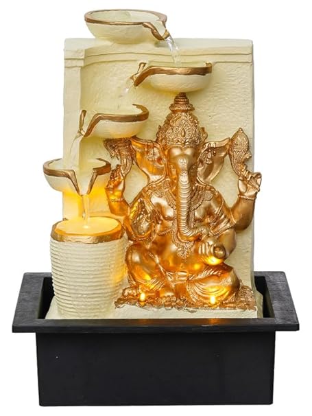 CHRONIKLE Polyresin White Golden Ganesha Idol Tabletop Indoor 4 Diya Steps Water Fountain for Home Decor with Yellow LED Light & Speed Controller Pump (Size: 39 x 29.5 x 22CM | Weight: 2195grm)