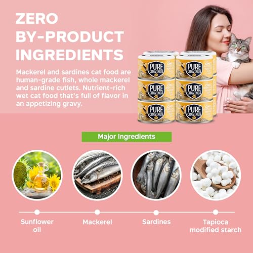 Image of Pure Cravings Wet Cat Food Canned Mackerel and Sardine Cutlets in Gravy, Every Catch is Mercury Tested, Moist Can Fish for Cats, Grain-Free, Protein, Non-GMO, Pack of 12