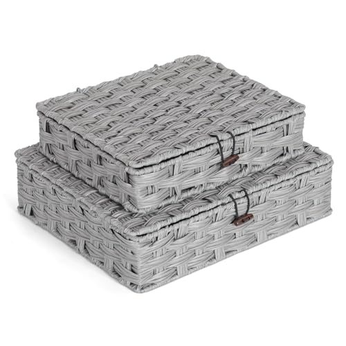 ORGMASTER Plastic Wicker Storage Baskets with Lids, 2-Pack Woven Rattan