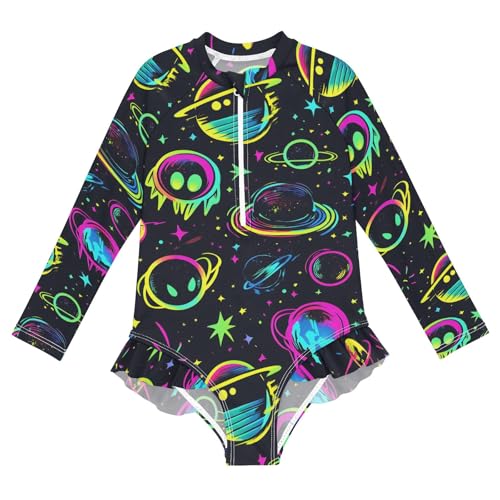 ALAZA Toddler Swimsuit Girl Bathing Suit Swimwear Rash Guard Neon Planet Long Sleeve 3T