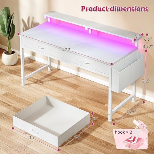 Image of DurayLoly 47.3 Inch Computer Desk with 2 Drawers & LED Lights, Home Office Desk with Side Pocket, Gaming Desk with Monitor Stand, Study Writing Table for Small Spaces, White