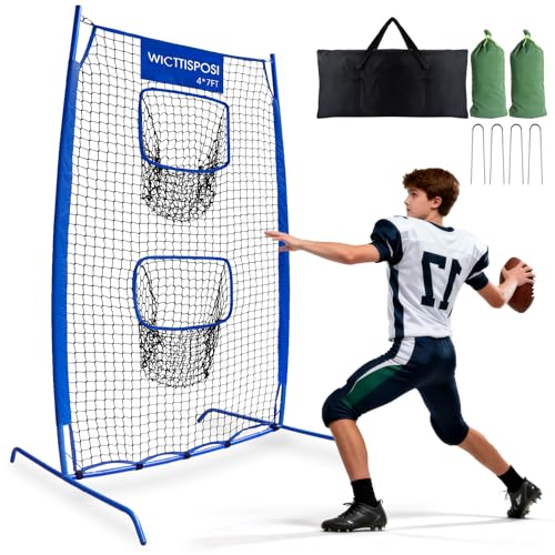 Football Throwing Net with 2 Targets 4x7FT Football Target Toss Game Challenge Heavy Duty QB Accuracy Training Machine Ideal Footballs Game for Birthday Camping Beach Allweather Indoor Outdoor Use