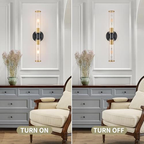 Image of Rayogale Black & Gold Wireless Battery Operated Wall Sconces with Remote | Glass Rechargeable Wall Lights Set of 2 with Timer Function Dimmable for Living Room Bedroom Emergency 3000K, 20.5 Inch