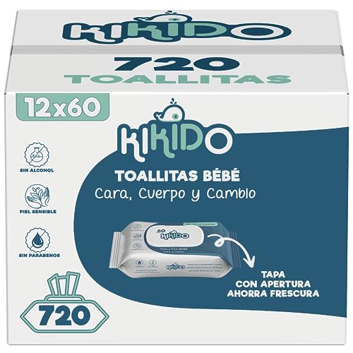 Kikido Toallitas Bebé Húmedas - 720 Unidades, 12 Paquetes de 60 Toallitas para Recién Nacidos - Con Tapa Dura de Plástico para Conservar la Frescura - Fórmula Suave para Pieles Sensibles