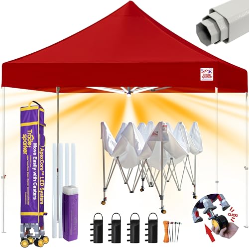 Image of Tradesparker 10x10 Pop Up Canopy Tent,Commercial Movable Canopy with ApexCore LED&Rugged Casters-Instant Easy Setup Shelter Canopies with Weight Bags&Stakes for Outdoor Events Markets Vendors,Red