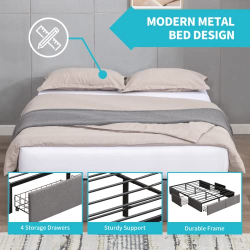 Cecer Queen Size Bed Frame With 4 Storage Drawers,Upholstered Metal Metal Platform Bed With Premium Linen Fabric,Queen Bed Base Frame With Metal Support,Easy Assembly/Space Saving-Dark Grey #TOP4