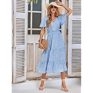 IFFEI Summer Midi Boho Dresses Casual V Neck Ruffle Short Sleeve A Line Sun Beach Flowy Dresses - immagine 3