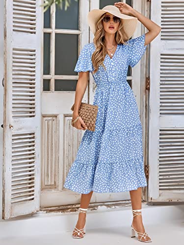 IFFEI Summer Midi Boho Dresses Casual V Neck Ruffle Short Sleeve A Line Sun Beach Flowy Dresses - Image 3