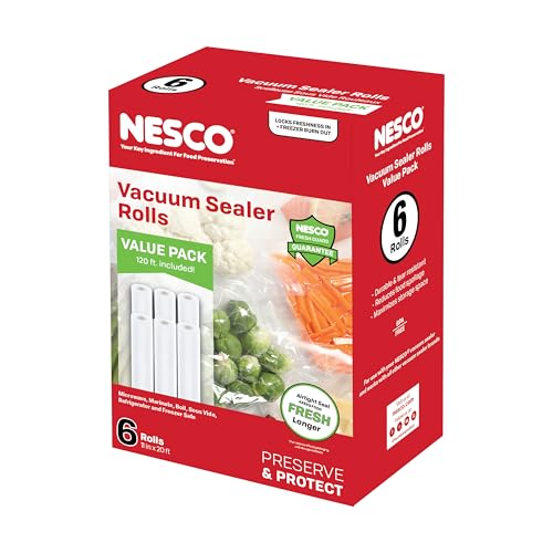 NESCO Rollos de bolsas selladoras al vacío, paquete de 6 rollos de 11 pulgadas x 20 pies sin BPA, aptos para congelador, Sous Vide, microondas, hervir y lavavajillas, funciona con la mayoría de