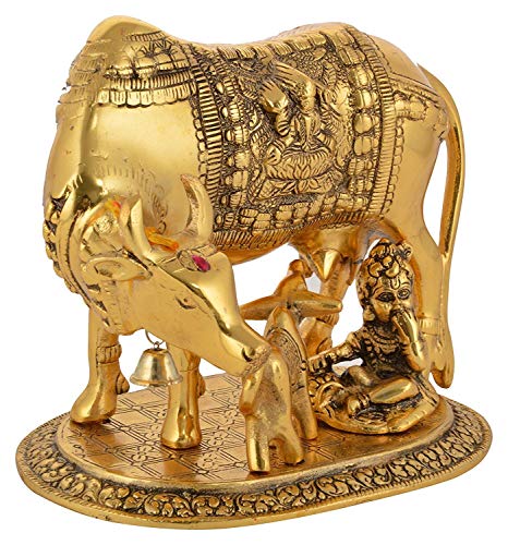 BRIJ HAAT Brass Like Metal Kamdhenu Cow and Calf with Gopal Krishna Showpiece Big @17cm Gold - Image 3