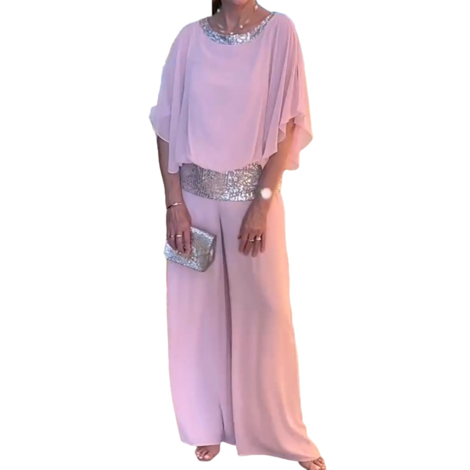 BEAUTYLAST Elegante traje de dos piezas con lentejuelas y cuello redondo, de gasa, pierna ancha, pantalones holgados de gasa para mujer