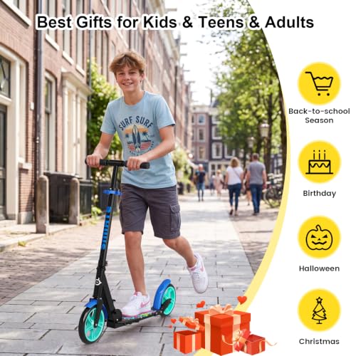 Image of SIMATE Kick Scooter for Kids Teens & Adults, 4 Adjustable Heights, 8IN All Terrain Big Wheels, Foldable and Lightweight, Gifts for Girls Boys