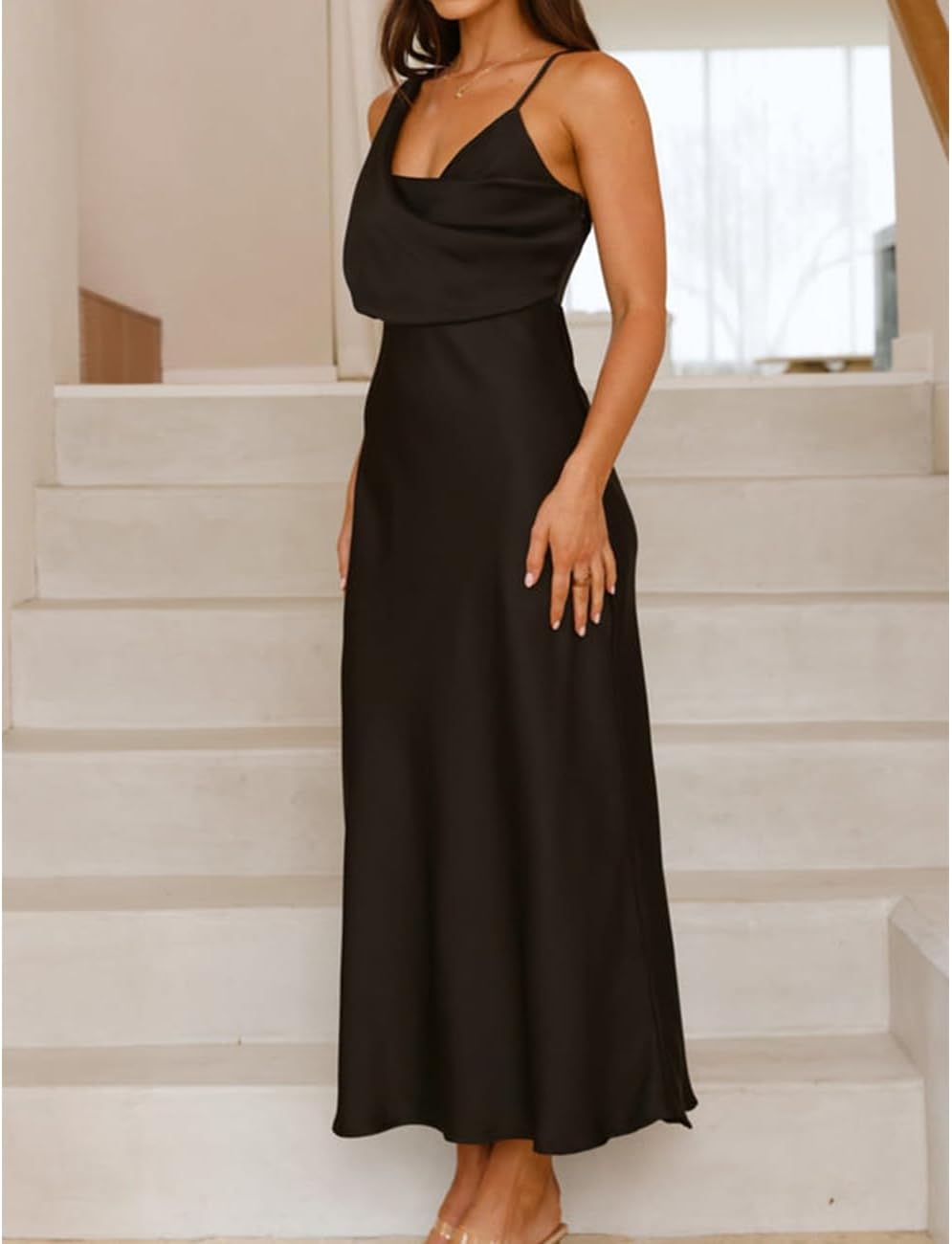 Summer Satin Cowl Neck Midi Dress for Women 2026 Elegant Formal Silk Spaghetti Strap Backless Wedding Guest Dresses - Image 4