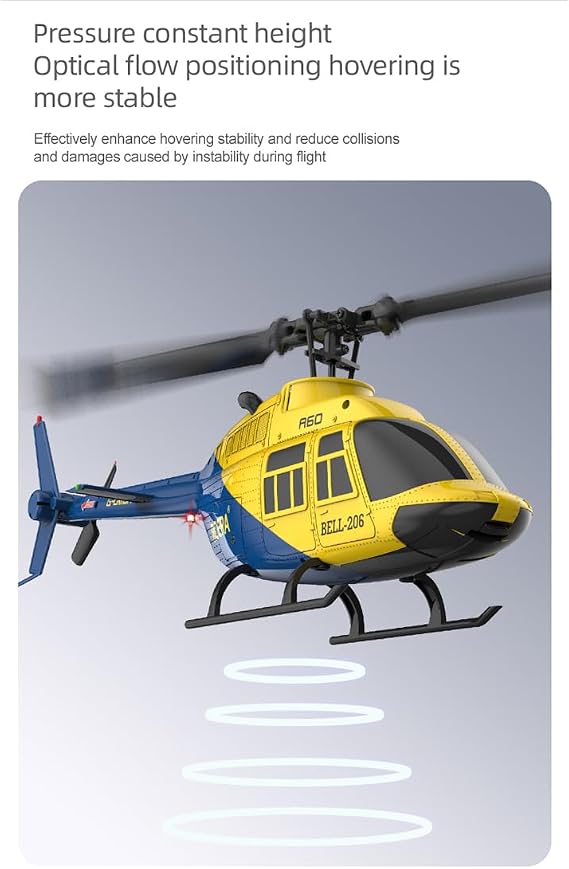 RC ERA A60 Bell 206 RC Helicopter for Adults, 1/42 Scale Single Rotor Flapless RC Helicopter, 6G 6CH Remote Control Aircraft Model with Altitude Hold & One-Key Takeoff Landing (RTF/2Battery)