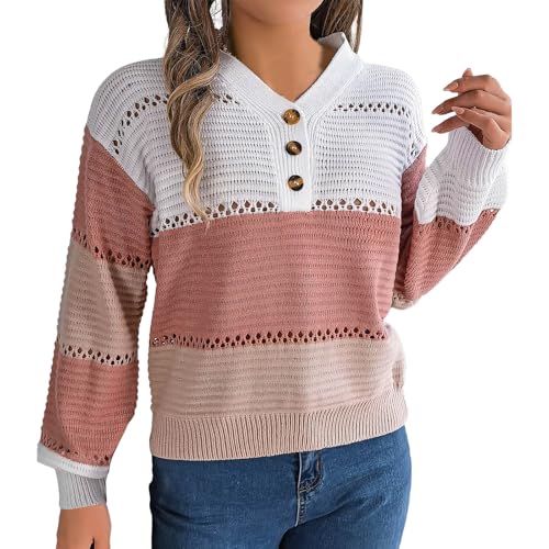 Suéter de punto para mujer blusa informal cuello abotonado manga larga
