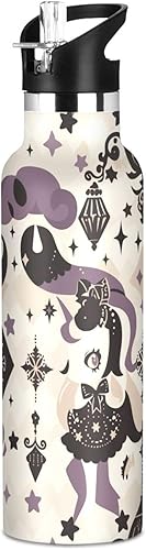 Miniatura 20 de Botella de agua colorida de dibujos animados de unicornios para niños con tapa de boquilla a prueba de fugas, doble pared aislada al vacío, a prueba