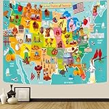 GOAOK USA Map Tapestry, Colorful Cartoon United State Map Classroom Tapestry for Kids Student, America Map Educational Tapestry Wall Hanging for Bedroom Living Room Dorm Nursery, 60'x40'