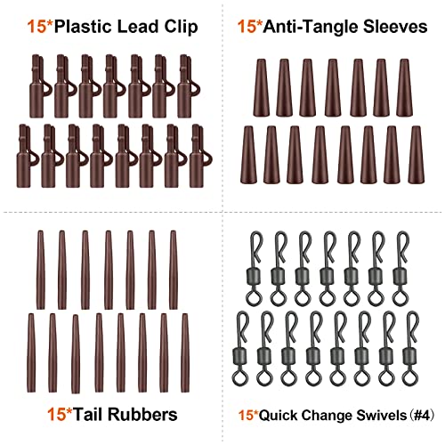 Realure 60 Pcs Lead Clips Carp Fishing Accessories Safety Lead Clips Action Pack with Clips Anti Tangle Sleeves Rubber Tails and Quick Change Swivels for Small Weights,Feeder (Brown) - Image 3