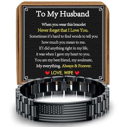 VULETO Gifts for Husband from Wife, To My Husband Stainless Steel American Flag Watch Link Bracelet Birthday Anniversary Military Unique Valentines Christmas Jewelry Gifts Presents for Men Male Love