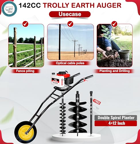 Image of DVI 142CC Trolley Earth Auger Machine, 4-Stroke Petrol Engine - with 4 Inch + 12 Inch Double Spiral Planter Bits & Free Extension Rod | for Plantation, Fencing & Post Hole Digging in All Soil Types.