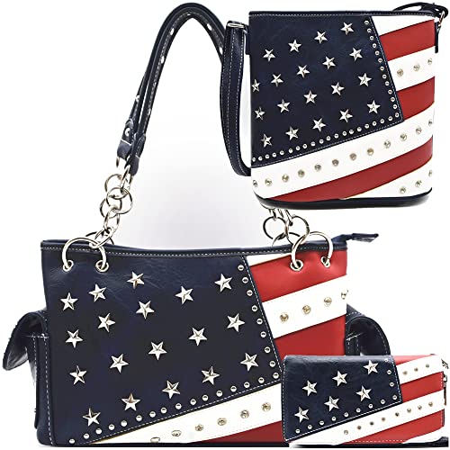 WESTERN ORIGIN American Flag USA Patriotic Purse Stud Handbag Stars and Stripes Women Shoulder Bag Crossbody Wallet Blue