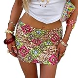 Acrawnni Women's Y2K Sequin Mini Skirt Sparkly Low Waist Side Split Tie Up Bodycon Short Skirts Dance Party Club Rave Glitter Micro Short Skirt (C-Green, M)