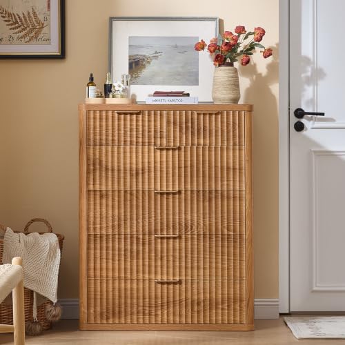 Image of LEYAOYAO Fluted 6 Drawers Dresser for Bedroom, 42 inch Tall Modern Chest of Drawers with Metal Handle,Curved Profile Design,Wood Drawer Organizer for Bedroom, Living Room, Hallway, Brown