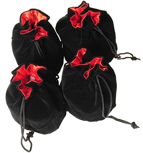 Deluxe Games and Puzzles Drawstring Dice Pouches, Black Velvet, Red Satin Lined, 3 x 5 Inches, Bundle of 4 Pouches