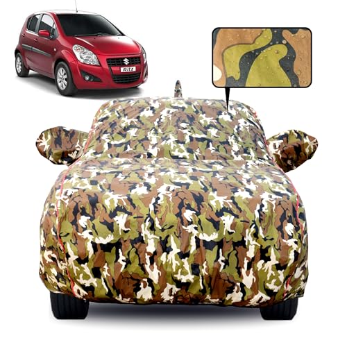 Image of Waterproof Car Body Cover for Maruti Suzuki Ritz with Mirror Pocket, Soft Cotton Lining, Triple Stitched, Full Bottom Elastic (Heat Resistant Jungle Print with Red Piping)