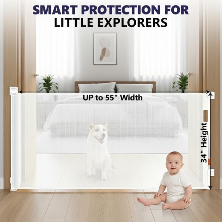 no drill retractable baby gate for stairs - white baby gate 55 inches wide 34 inch tall, mesh retractable dog gate for stairs, doorways, hallways, deck, outdoor, indoor, kitchen, & porch white - no drill 34" tall x 55" wide