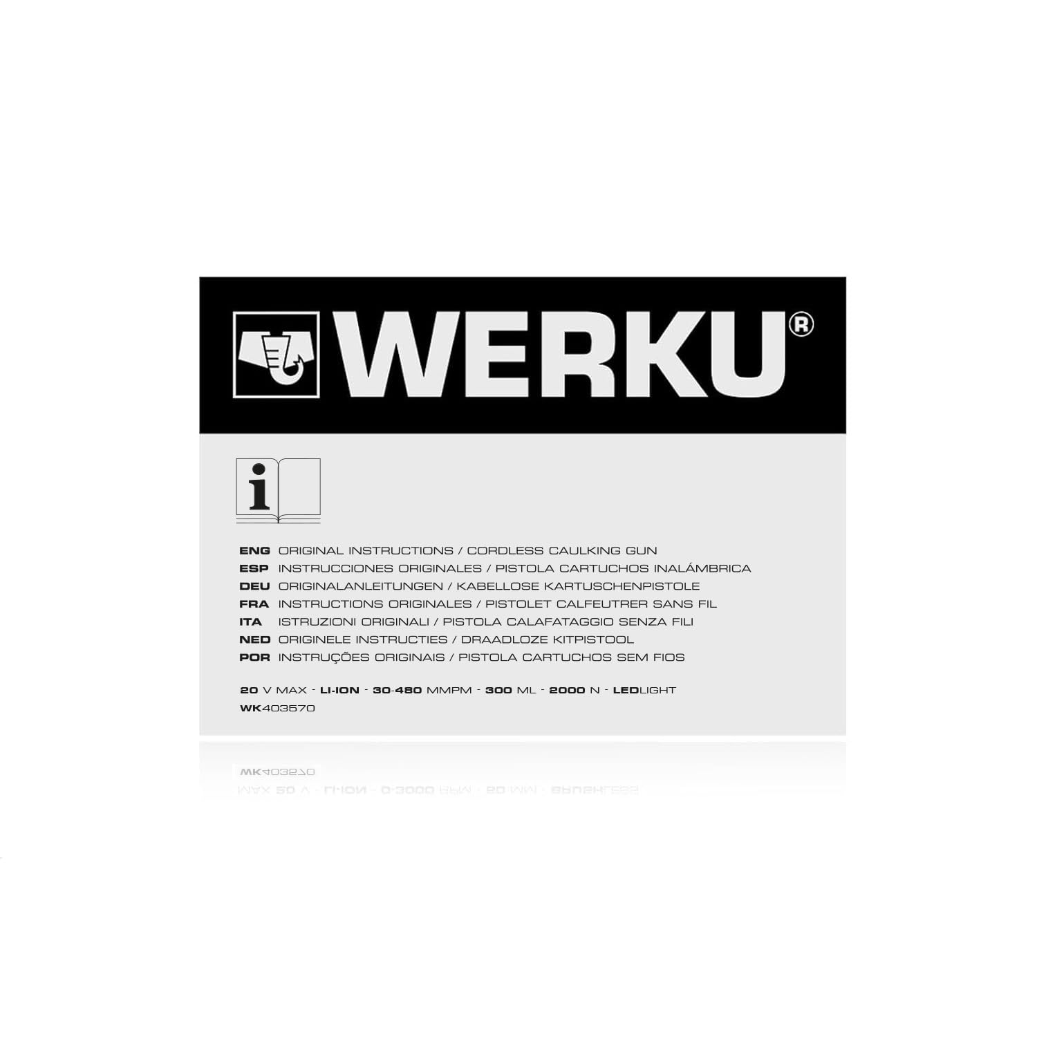 Werku WK403570, Pistola Cartuchos Inalámbrica, Calidad Profesional, Potencia 20 V, Fuerza presión 2000 N, Cartuchos Universales de 300 ml, No Incluye Batería y Cargador