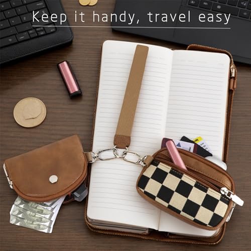 Image of Checkered Dual Pouch Keychain Wallet for Women, Small Mini Zip Leather Coin Purse with Wrist Strap,wristlet hangbags,Brown