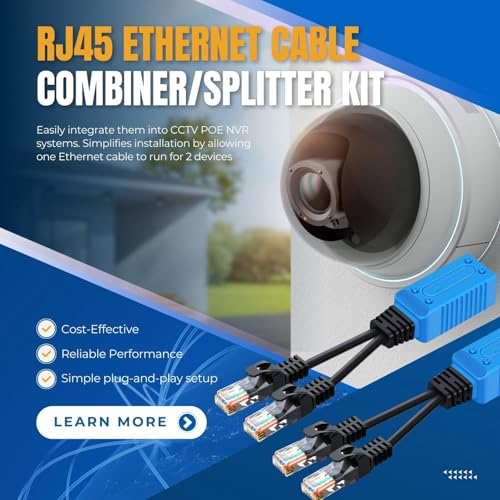 TNP RJ45 Ethernet Cable Combiner/Splitter Kit (2 Pair) - 2 Male to 1 Female POE Data Adapter LAN Ethernet Network Extender Y Splitter Cat5 Cat5e Cat6 UPOE Cable for Surveillance Security Monitoring