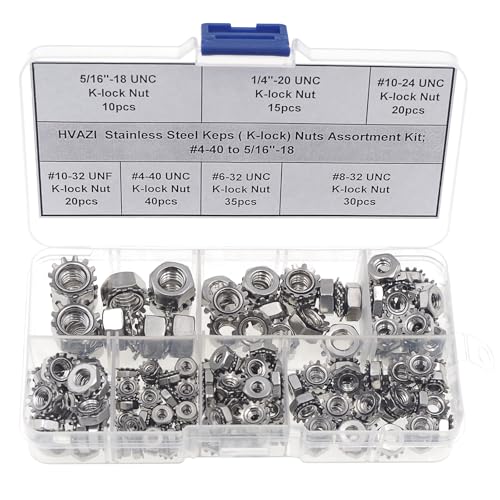 HVAZI Stainless Steel Keps(K-Lock) Nuts Assortment Kit;#4-40 to 5/16"-18;Hex Nuts with Tooth washers
