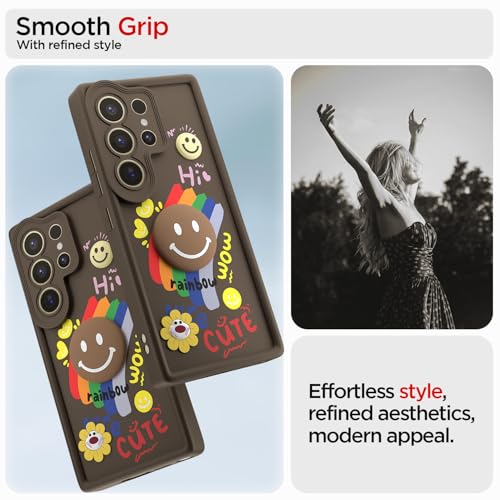 Image of Pikkme Back Cover for Samsung Galaxy S25 Ultra 5G | Soft Silicone| Cute Rainbow Smile & 3D Cartoon Flower Design | Shockproof Raised Camera Protection Bumper Case (Brown)