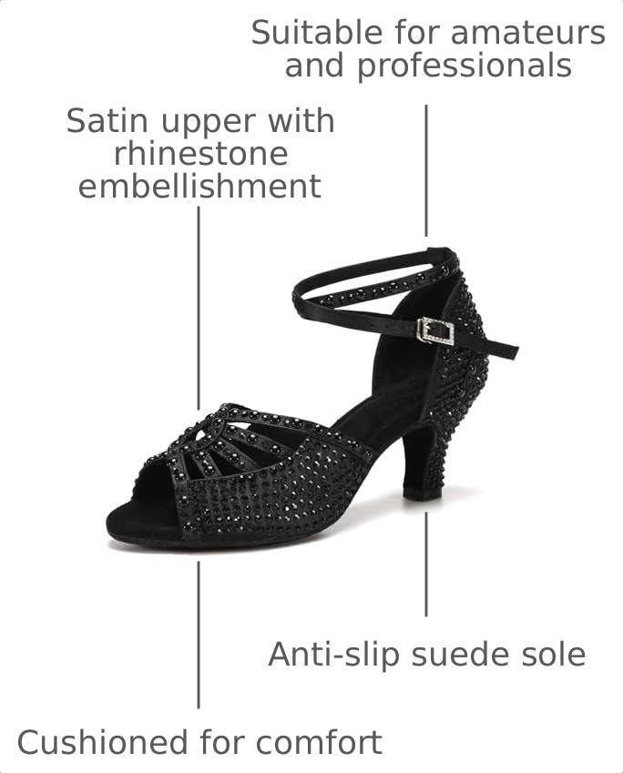 Image of JUODVMP Women's Latin Dance Shoes Rhinestones Satin Ballroom Dancing Shoes Salsa Professional Dance Shoes