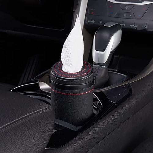 karonpeln 車用 筒型 ティッシュカバー ティッシュケース レザー ティッシュボックス 車用 ゴミ箱 収納ケース 小物入れ 防水 上品 カップホルダー/ドリンクホルダー/ドアポケット/コンソールボックスに適用 (ブラック)