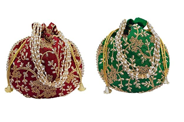 Potli bag (Pack of 2 Potli) Maroon, Green Matka Designer handbags for Women wedding party and Return gift potli bags for party accessories .Outer Golden Embroidered Design-image-33