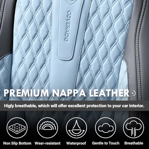 Image of Coverado Car Seat Covers Front, Nappa Leather Seat Covers for Cars, Waterproof Seat Covers with Lumbar Support, Automotive Seat Covers Universal Fit for Most Cars SUV Trucks (Front, Black-Blue)
