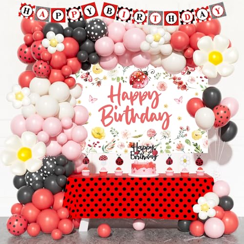 Fiesec Ladybug Birthday Party Decorations, 97 PCs – Lady Bug Themed Party Supplies with Happy Birthday Backdrop, Red and Black Balloon Garland, Polka Dots Tablecloth, Cake Topper by Fiesec - Used condition - US$12.09