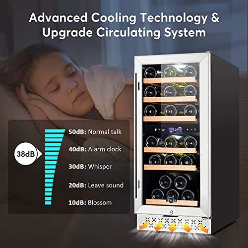 Image of Tylza 15 Inch Wine Fridge, 30 Bottles Dual Zone Wine Cooler Refrigerator, Undercounter or Freestanding, 40-65F, Wine Cabinet with Tempered Glass Door, Wine Cooler for Home, Kitchen, Bar