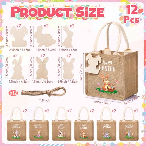 Sweetude 12 Pack Easter Bunny Burlap Bags with Tags Easter Reusable Treat Bags with Handles Jute Linen Tote Candy Gift Wrapping for Spring Party Favors Supplies (Cute) by Sweetude - Image 2