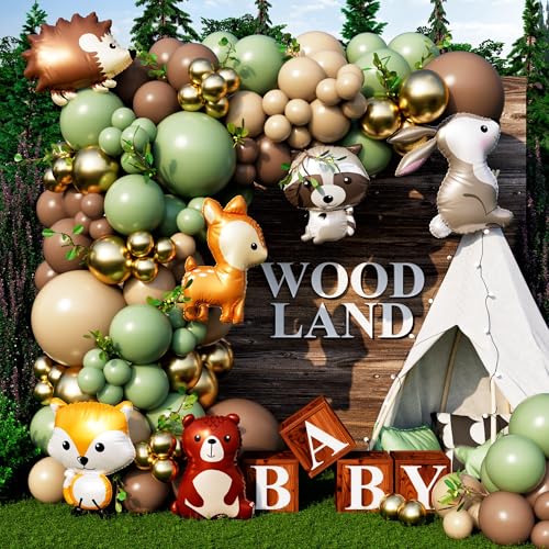 ALL-IN-1 Woodland Balloon Arch Kit with BONUS Animals 6x Balloons for Woodland Baby Shower Decorations - Green and Brown Balloons for Shrek Party Decorations & Safari Baby Shower Decorations - Jungle
