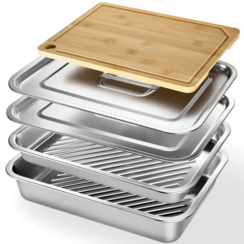BLAZPATH 5-in-1 Grill Prep Tray and Carry System, Outdoor Grilling Prep & Serve BBQ Food Tray Accessories, Stainless Steel Meat Marinating Container with Lid & Cutting Board, Metal Cooked Meat Platter