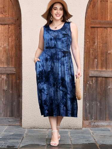Image of LARACE Women's Plus Size Sleeveless Maxi Dress Casual Crew Neck Pleated Flowy Long Dresses with Pockets L-6XL