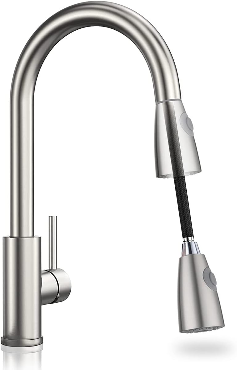 HELEE Kitchen Faucet with Pull Down Sprayer Brushed Nickel, High Arc Single Handle Kitchen Sink Faucet with Water Lines, Single Handle Faucets High Arc Commercial Modern for Kitchen Sink (Silver)