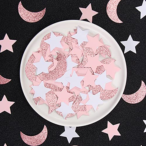 Image of Rose-Gold Pink-White Moon Star Confetti - 300pcs Glitter Twinkle Little Star Table Confetti Eid Ramadan Mubarak Decoration Birthday Wedding Baby Bridal Shower Party Decor Lasting Surprise