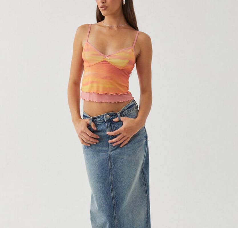 Argeousgor Women Y2K Mesh Tank Top Spaghetti Strap Sleeveless Square Neck Cami Tops Going Out Camisole Crop Top - Image 2