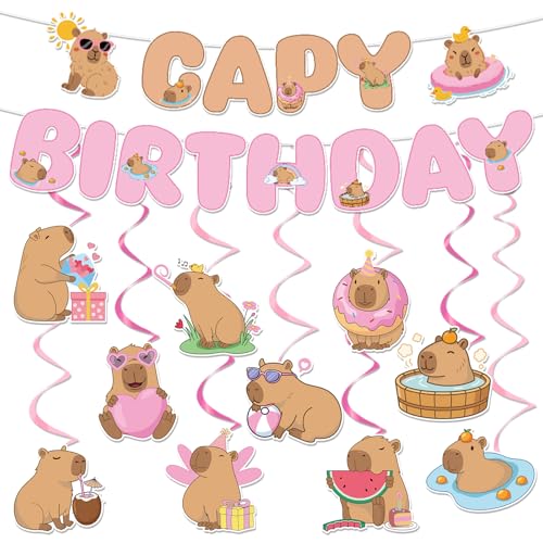 Image of Capybara Birthday Party Decorations - 12 Pcs Pink Capy Birthday Party Banner Hanging Swirls Decorations, Cute Animals Theme Decor Supplies for Boys Girls Capybara Lover