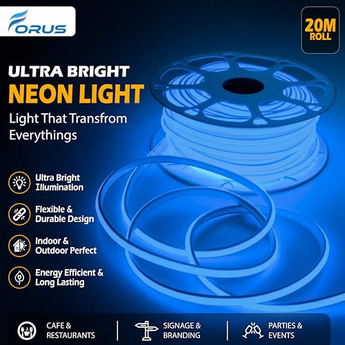 Image of Forus 20M LED Neon Strip Light Blue, 240 LEDs /M High Brightness COB Neon Rope Light, Waterproof IP65 Flexible Silicone Strip, Cuttable LED Light for Home, Bedroom, Wall Decor, Shop, Festival Lighting